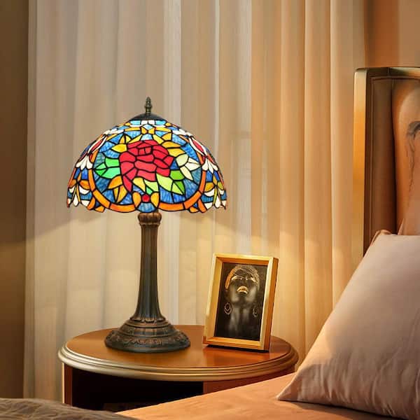 19 in. Multi-Colored Tiffany Style Bronze Finish Table Lamp with Red Rose Stained Glass Lamp Shade