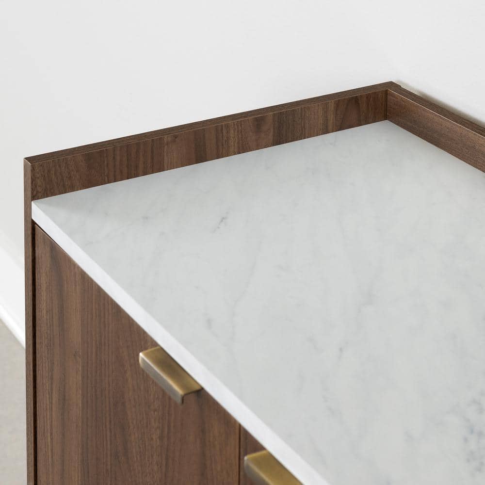 Natural Walnut and Faux Carrara Marble Mid-Century Glam Cabinet