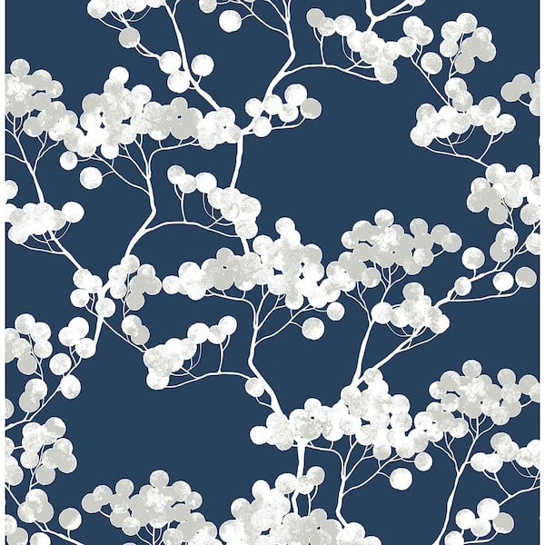 NextWall Cyprus Blossom Navy Blue And Grey Floral Vinyl Peel & Stick Wallpaper Roll (Covers 30.75 Sq. Ft.)