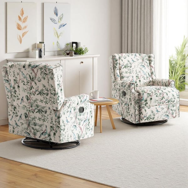 Uixe Bird Pattern Linen Swivel Upholstered Metal Base Manual Recliner with Adjustable Footrest (Set of 2)