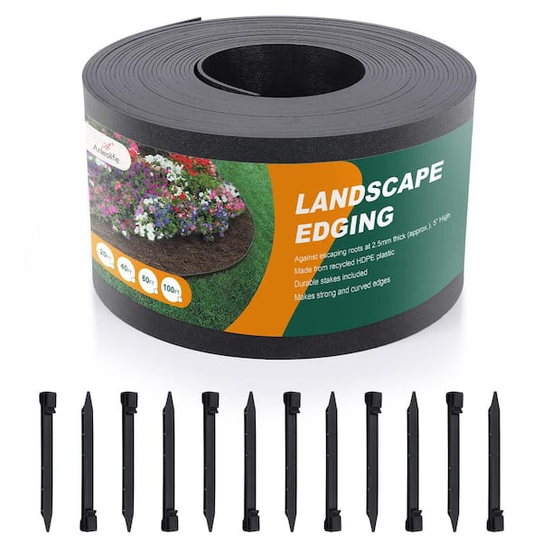 A Anleolife Black Plastic Garden Landscape Edging, 5 in. Tall Border Coil, Anti-UV Treatment 20 ft. with 6-Pices Stakes