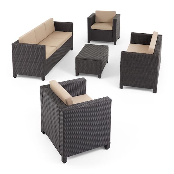 Noble House Puerta Dark Brown 5-Piece Metal Outdoor Patio Conversation Seating Set with Beige Cushions