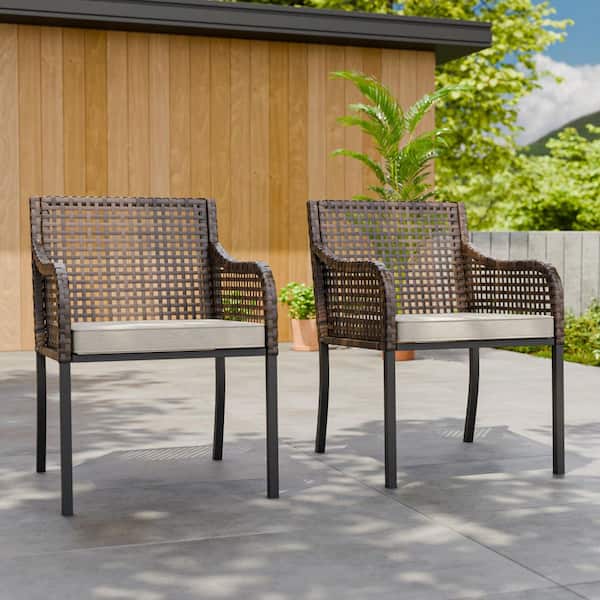 2-Pack Patio Wicker Woven Rattan Outdoor Dining Chairs with Beige Cushions