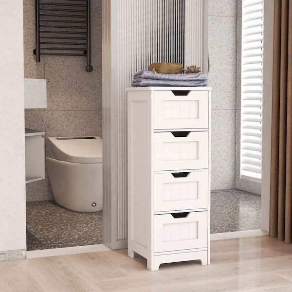 12 in. W x 12 in. D x 32 in. H White Linen Cabinet, Freestanding Storage Cabinet with 4-Drawers