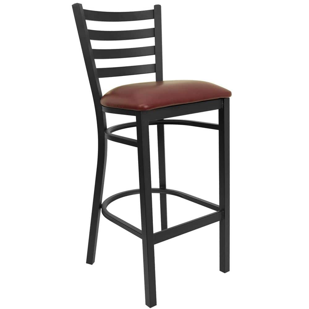 Black Metal Ladder Back Bar Stool with Burgundy Vinyl Seat