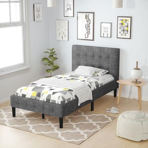 Gray Twin Upholstered Bed Frame Button Tufted Headboard Mattress Foundation