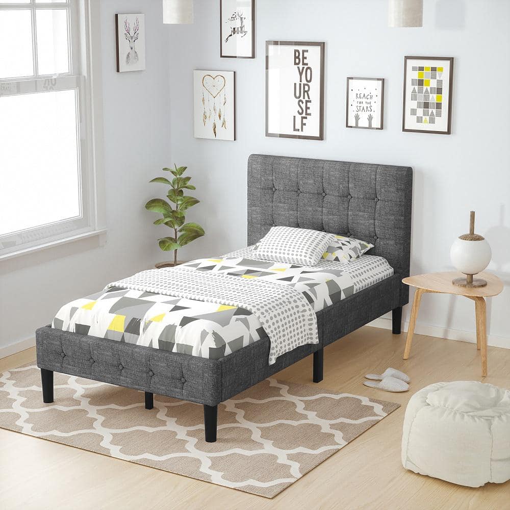 Modern Twin Upholstered Bed Frame with Nailhead Trim and Metal Headboard