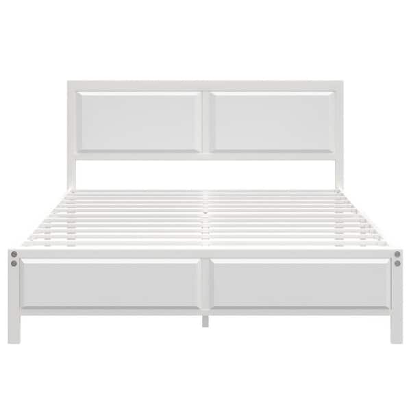 Metal Bed Frame White Metal Frame Queen Size Platform Bed with Rustic Country Style Wooden Headboard and Footboard