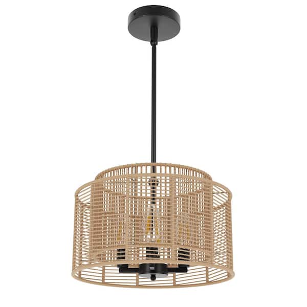 aiwen 14.76 in. 4-Light Boho Hand Woven Rattan Black Chandelier