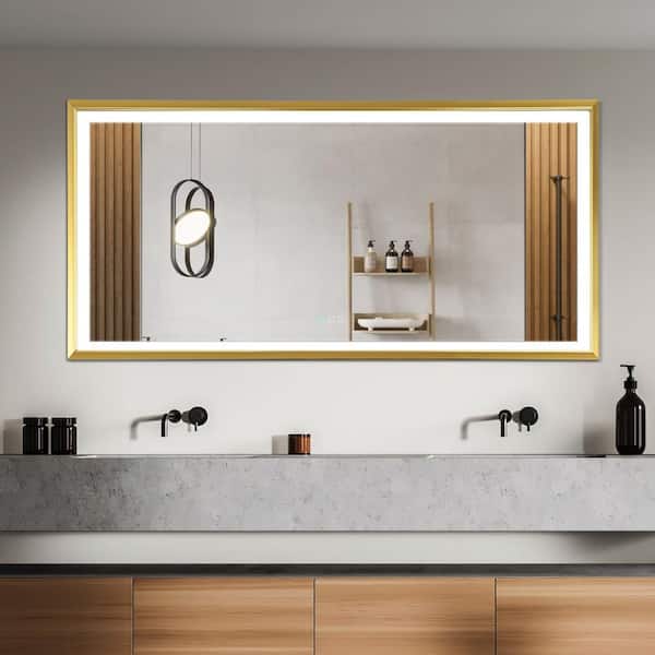 HBEZON Metis 84 in. W x 48 in. H Oversized Rectangular Aluminium Framed Dimmable Anti-Fog Wall Bathroom Vanity Mirror in Gold