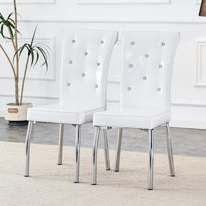 White Upholstered Faux Leather Dining Chairs with Button Design and Electroplated Metal Legs(Set of 2)