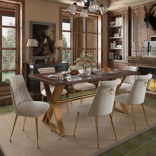 Boyel Living Brown Walnut Wood 70.87 in. Cross Legs Dining Table Seats-6