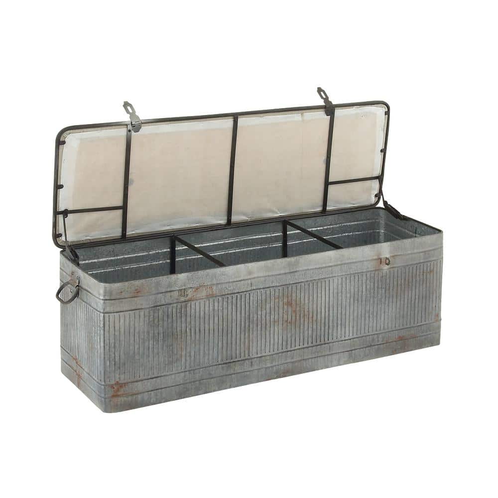 Gray Galvanized Metal Storage Bench with Beige Upholstered Seat