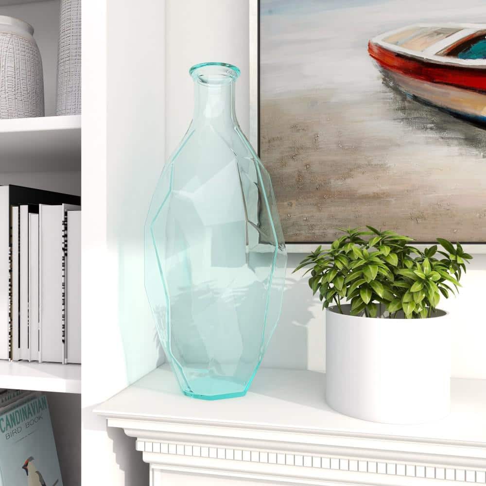 Clear Aquamarine Geometric Recycled Glass Decorative Vase, 23"
