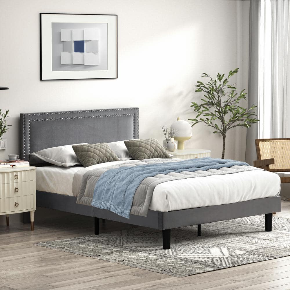 VECELO Upholstered Bed with Adjustable Headboard, No Box Spring Needed  Platform Bed Frame, Bed Frame Gray Full Bed KHD-CY-FB05-DGRY - The Home  Depot