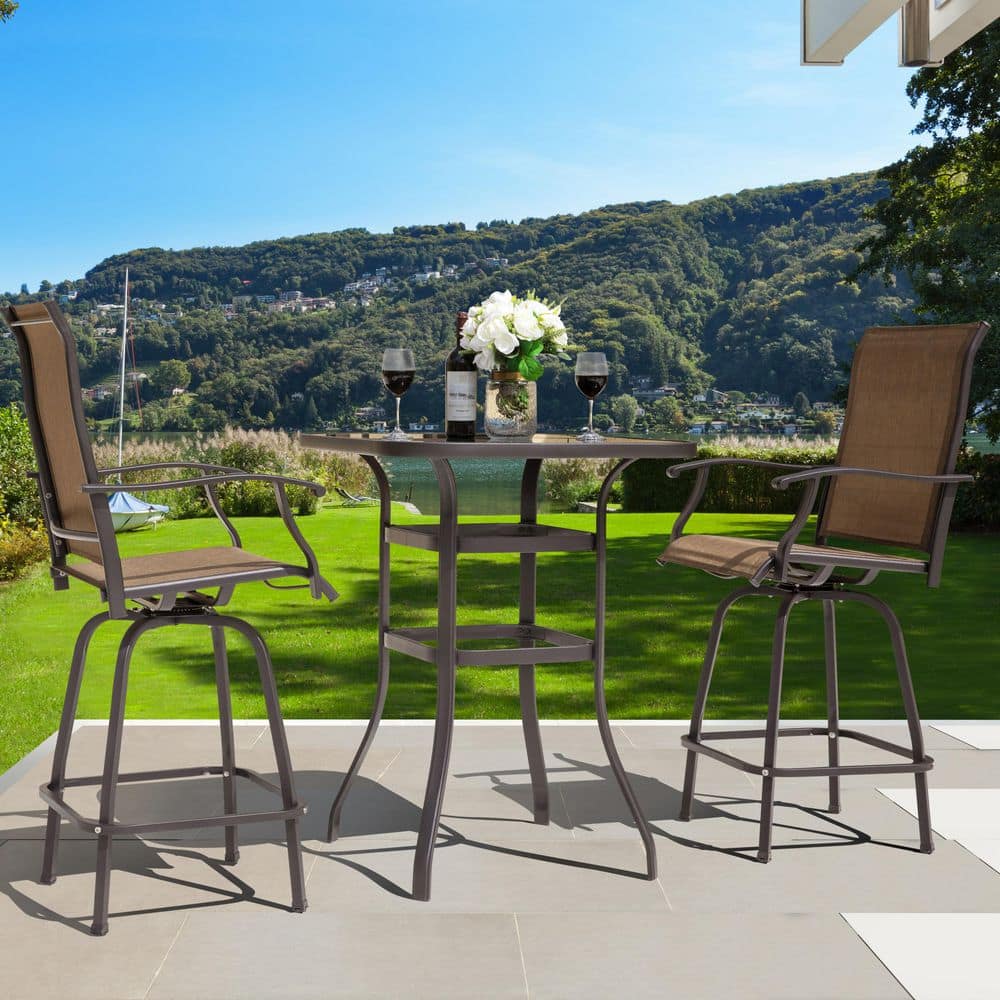 Nuu Garden Brown 3-Piece Steel Outdoor Patio Bar Set with High Swivel Bistro Chairs