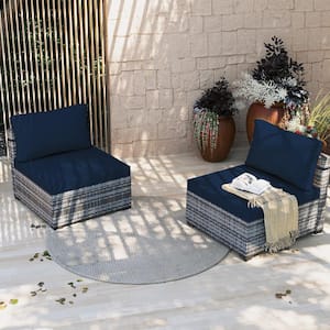 2-Pieces Gray Wicker Patio Conversation Seating with Navy Blue Cushions