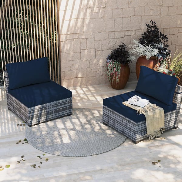 UPHA 2-Pieces Gray Wicker Patio Conversation Seating with Navy Blue Cushions