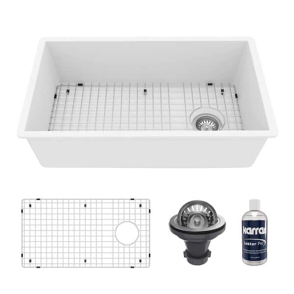 QU-670 Quartz/Granite 32 in. Single Bowl Undermount Kitchen Sink in White with Bottom Grid and Strainer