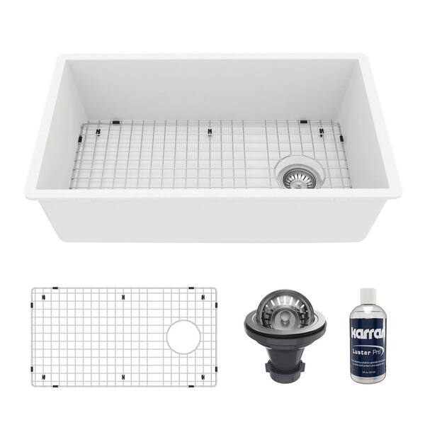QU-670 Quartz/Granite 32 in. Single Bowl Undermount Kitchen Sink in White with Bottom Grid and Strainer