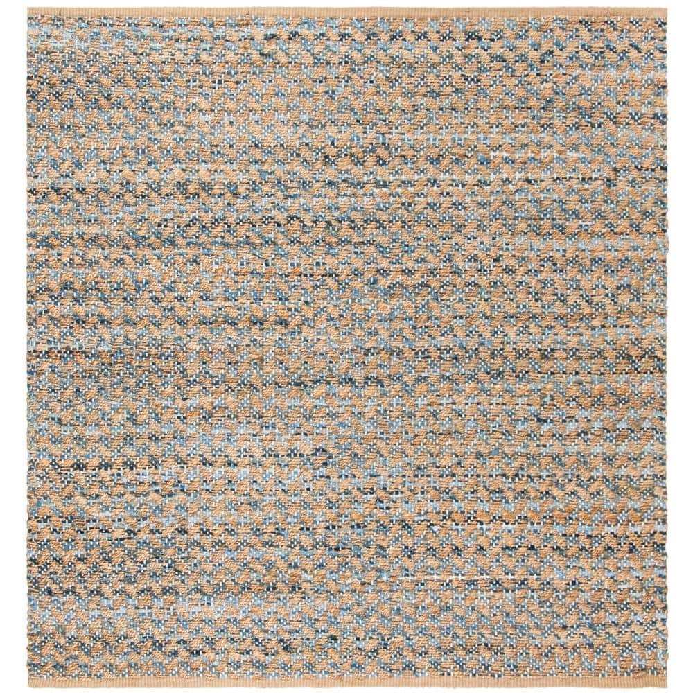 Handwoven Blue and Natural Jute Square Rug, 4' x 4'