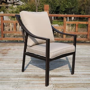 Dark Black Aluminum Outdoor Dining Chair with Taupe Cushions for Garden Gazebo Patio(2-Pack)