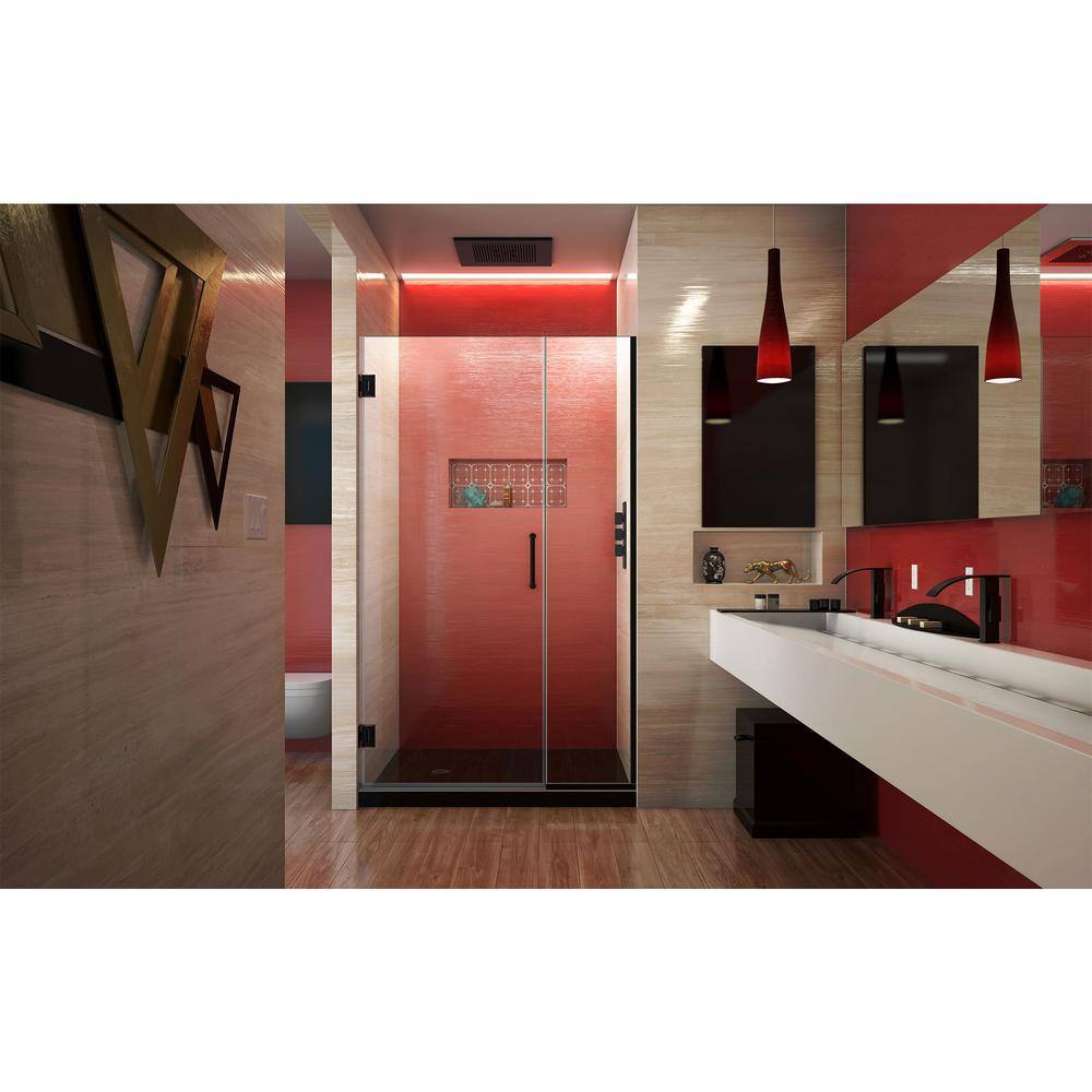 Unidoor Plus 44" Frameless Clear Glass Hinged Shower Door in Satin Black