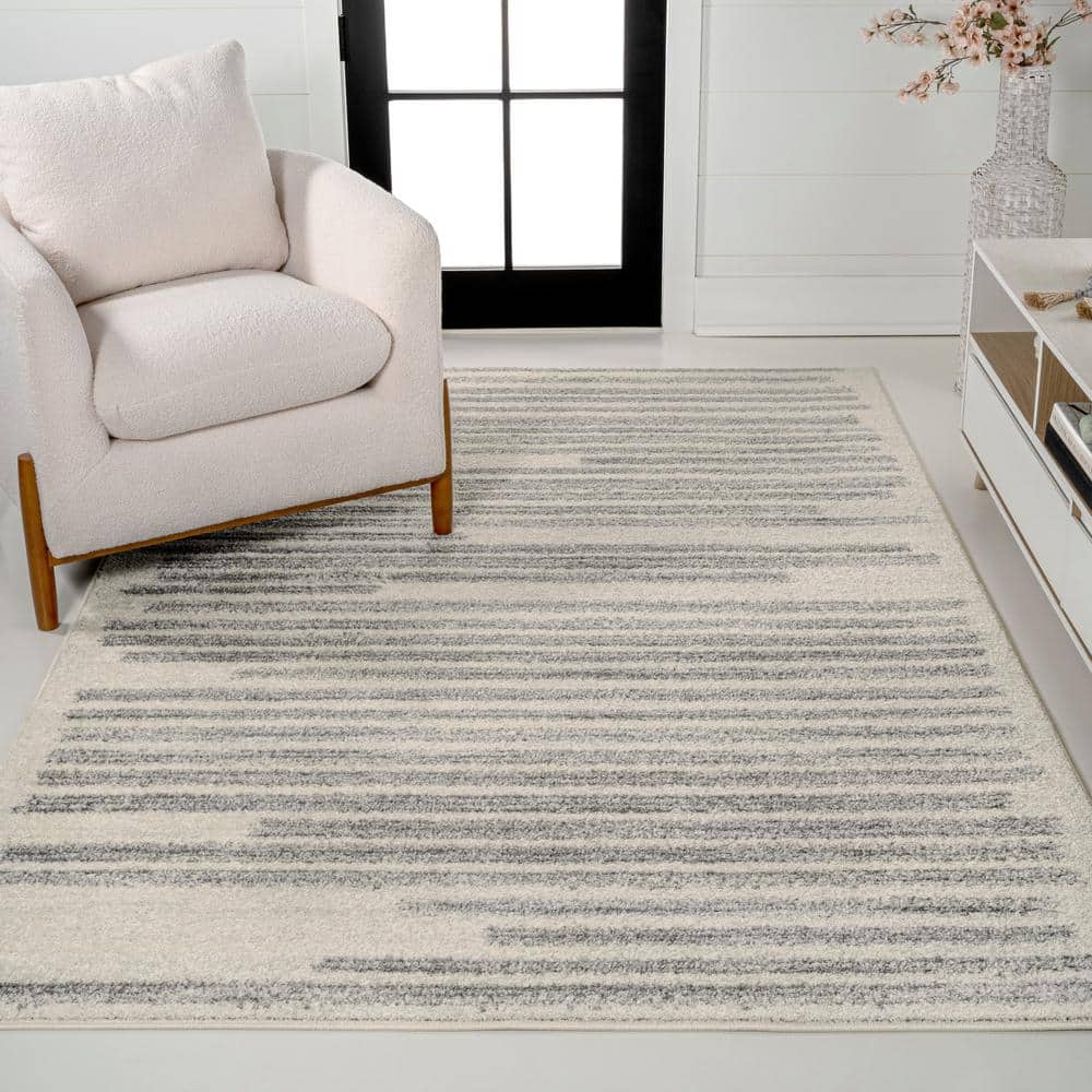 Khalil Gray and Cream Synthetic Striped Rectangular Rug