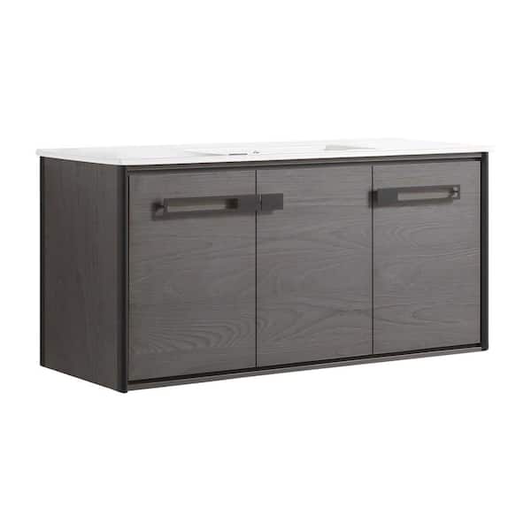 Oakville 48 in. W x 18 in. D x 23.25 in. H Wall Mounted Bathroom Vanity in Black Coal Oak with White Ceramic Sink Top