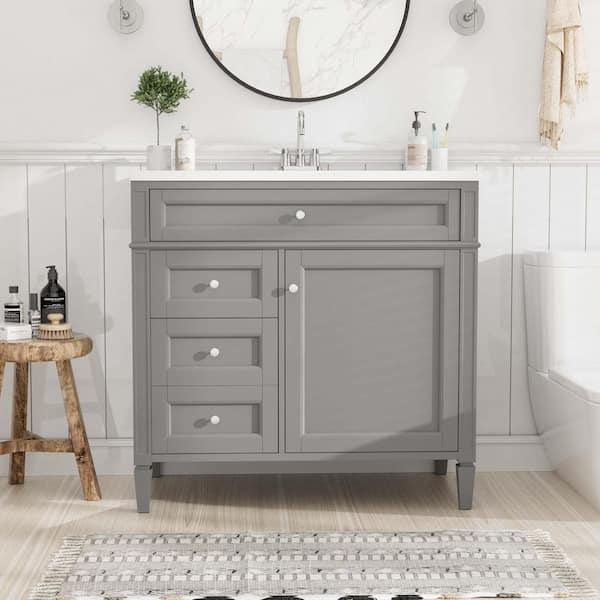 36 in. Freestanding Grey Bath Vanity with White Ceramic Sink Top 2 Drawers and a Tip-out Drawer