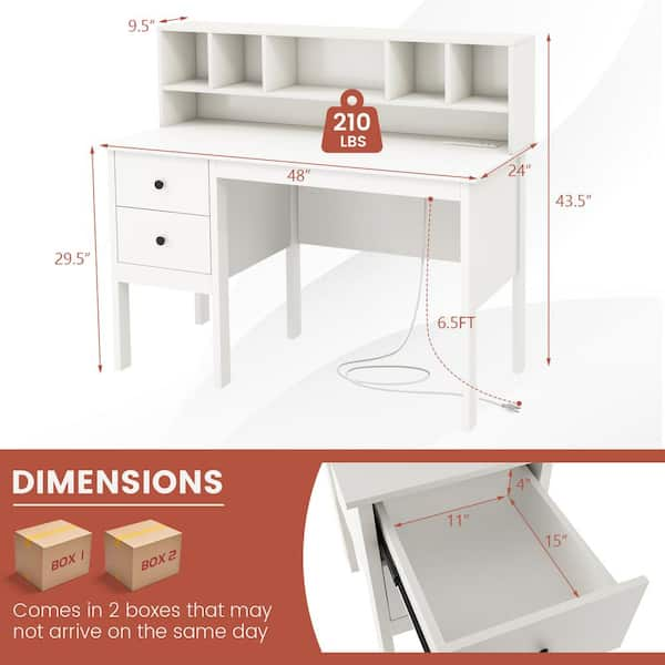 Costway Computer Desk 48 Writing Table w/ Power Outlets 5-Cubby Hutch 2 Storage Drawers White