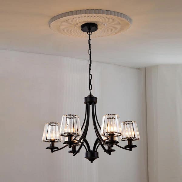 Modern Vintage 6-Light Black Iron Crystal Accent Swirled Arm Chandelier for Home & Commercial Spaces, Bulbs not included