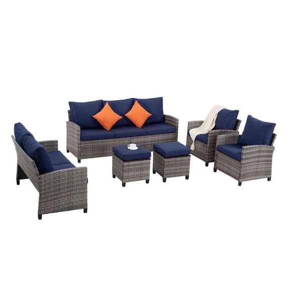 8-Piece Aluminum Patio Conversation Set with Table and Orange Cushions