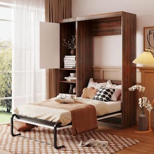 White and Brown Wood Frame Twin Size Murphy Bed, Wall Bed with Cabinet