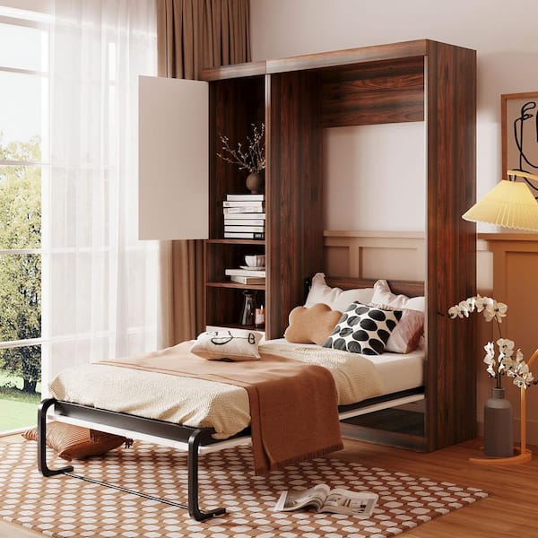 Harper & Bright Designs White and Brown Wood Frame Twin Size Murphy Bed, Wall Bed with Cabinet
