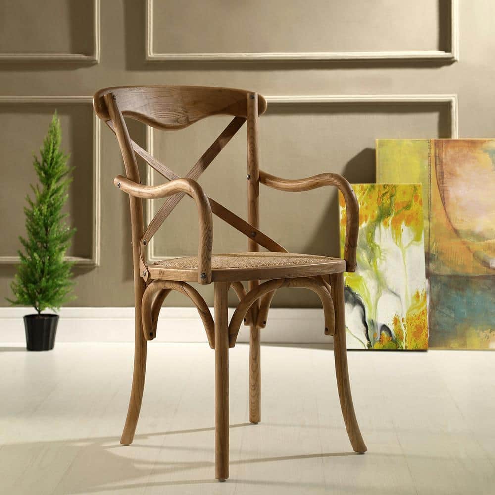 Farmhouse Walnut Wood Upholstered Arm Chair with Cross Back