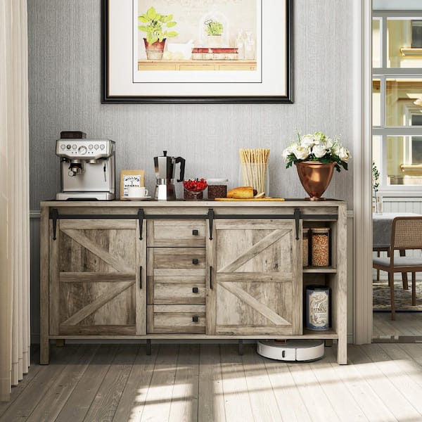 HOMCOM Gray Wash MDF 59.2 in. Sideboard with Sliding Doors, Drawers and Adjustable Shelves