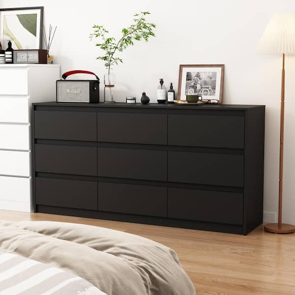 FUFU&GAGA Black 9-Drawer Wood Chest of Drawers 31.5 in. H x 63 in. W x 15.7 in. D Storage Cabinet