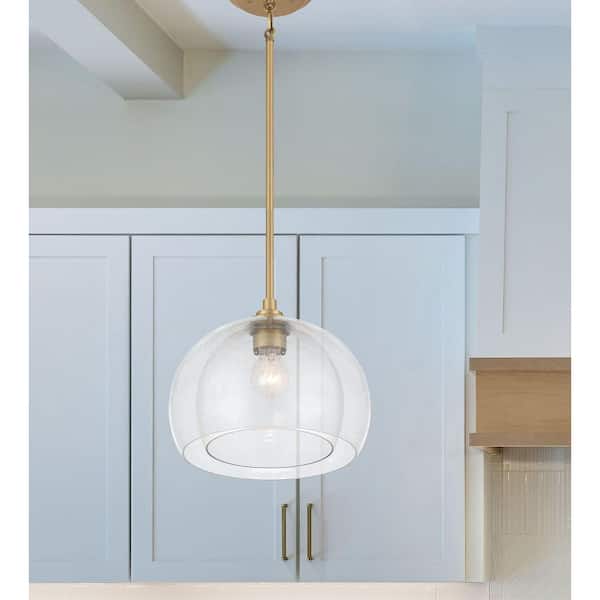 Glint 12 in. 1-Light Legacy Brass Pendant to Semi-Flush with Double Clear Seeded Glass Shades No Bulbs Included