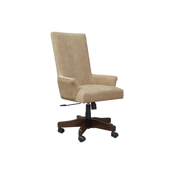 Benjara Brown and Black High Back Polyester Upholstered Wooden Swivel Office Executive Chair with Adjustable Seat