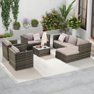Gray 6-Piece Wicker Patio Conversation Set with Gray Cushions