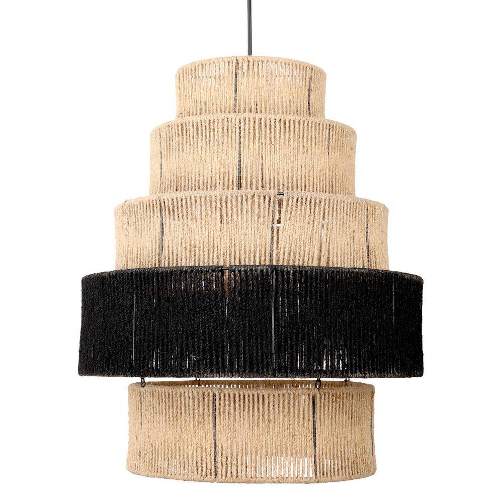 Tiered Natural and Black Jute Drum Pendant Light