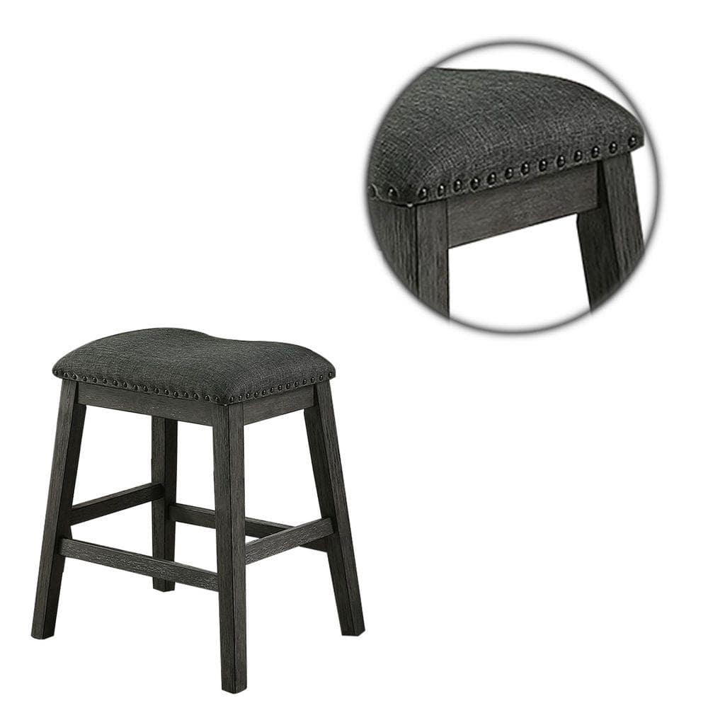 Gray Linen Upholstered Saddle Counter Stool with Nailhead Trim