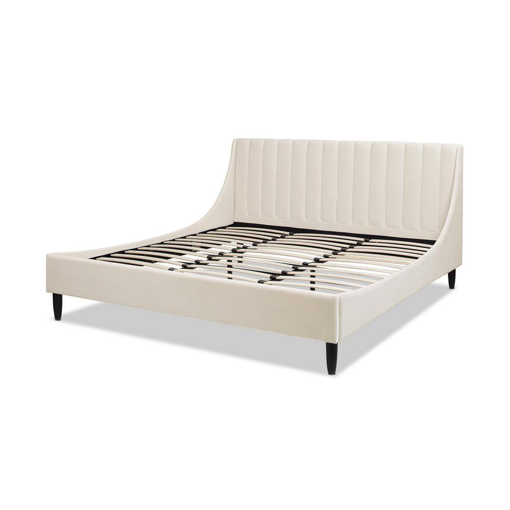 Aspen French Beige Velvet Upholstered King Platform Bed with Tufted Headboard