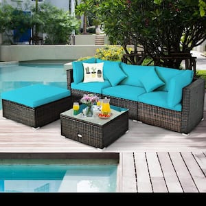 8-Piece Wicker Patio Conversation Seating Sectional Set with Storage Box &Coffee Table and Turquoise Cushions