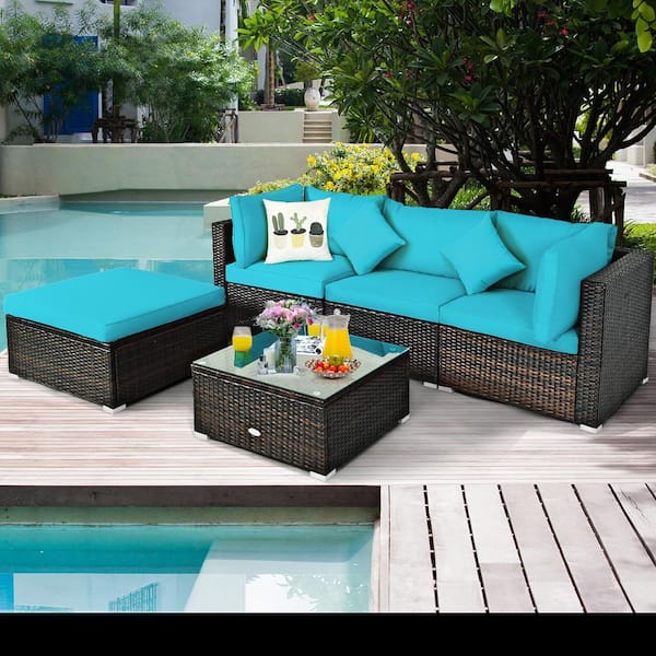8-Piece Wicker Patio Conversation Seating Sectional Set with Storage Box &Coffee Table and Turquoise Cushions