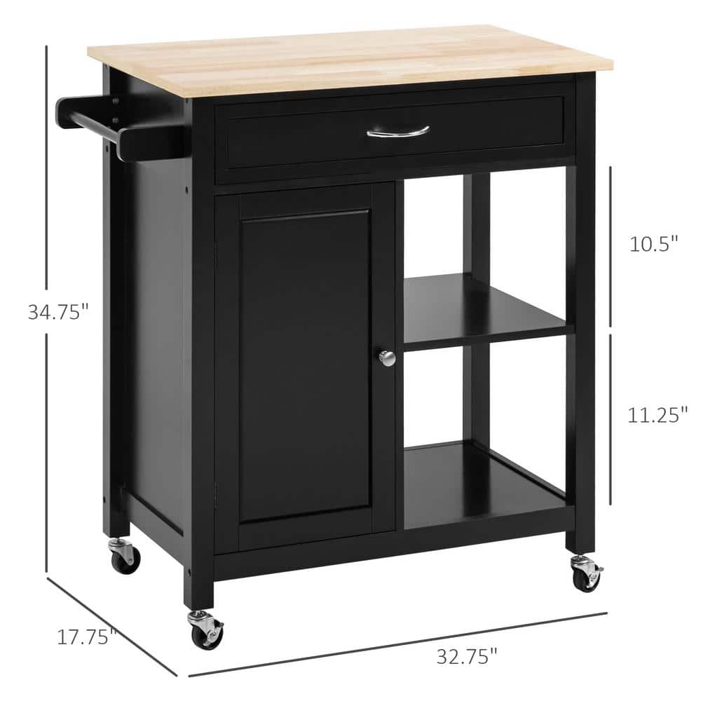 Elegant Black Solid Wood Butcher Block Kitchen Cart with Storage