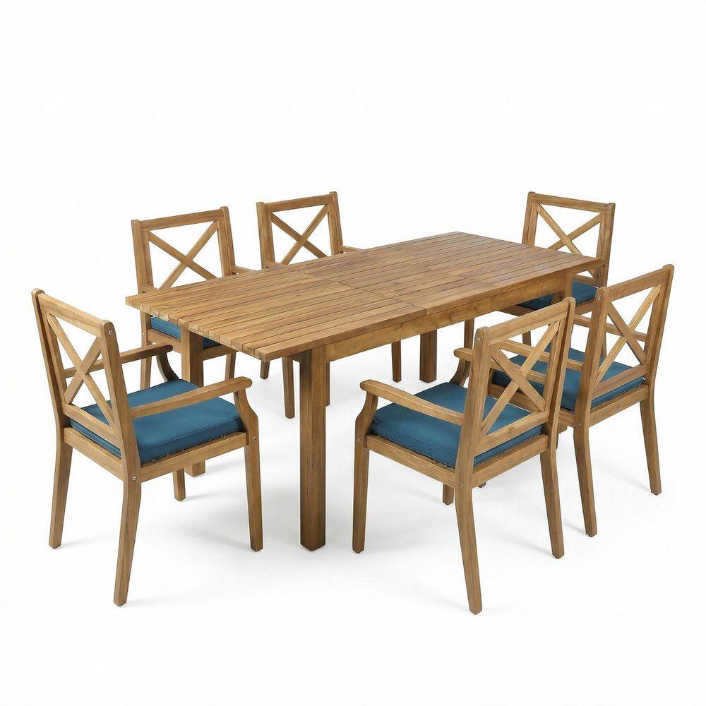 7-Piece Acacia Wood Outdoor Dining Set with Blue Cushions, 6 Chairs and 1 Expandable Table for Patio Garden Backyard price history on PriceWatchPro
