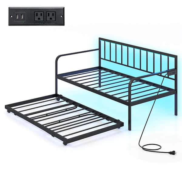 Black Twin Daybed Adjustable Sofa Bed Frame with Charging Station and LED Lights