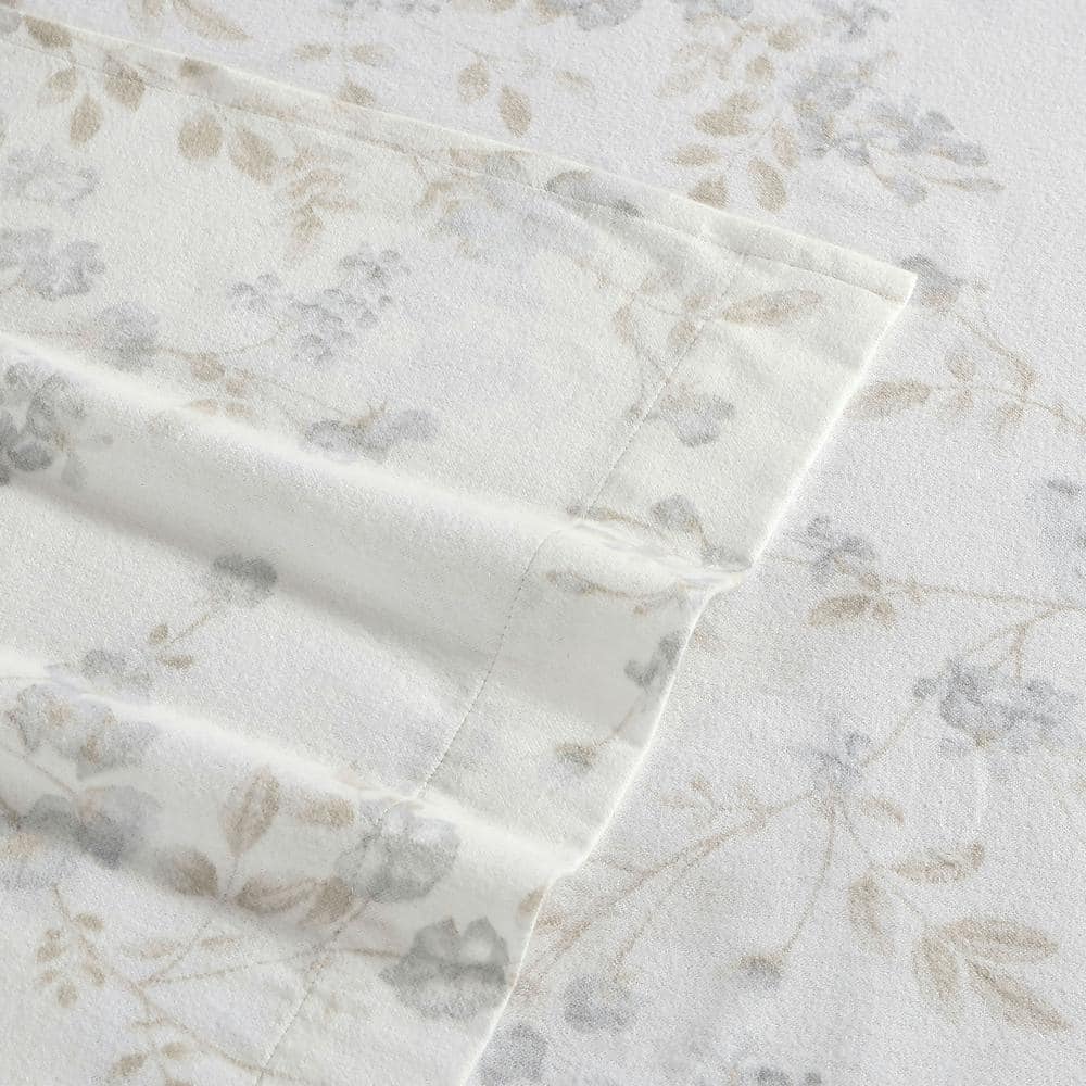 Twin Gray Cotton Flannel Floral Deep Pocket Sheet Set
